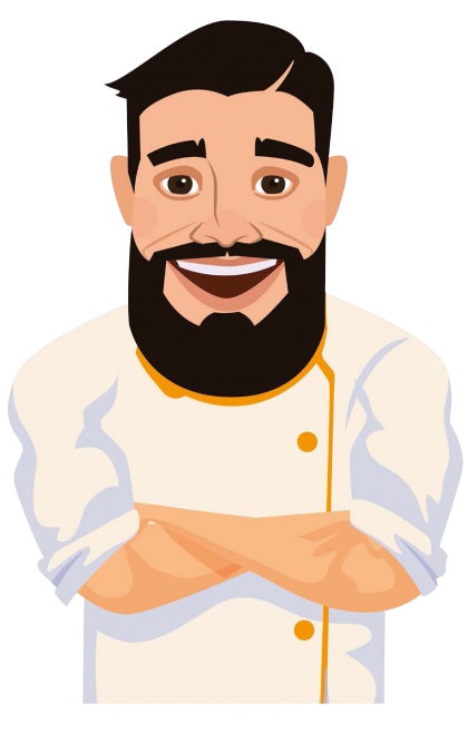 Eine Karikatur eines Kochs mit dunkelen Haaren und Bart der lacht