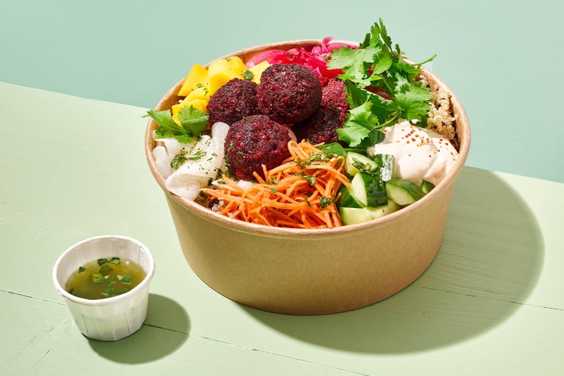 Mediterranean Poke Bowl with Garden Gourmet Beetroot Falafel